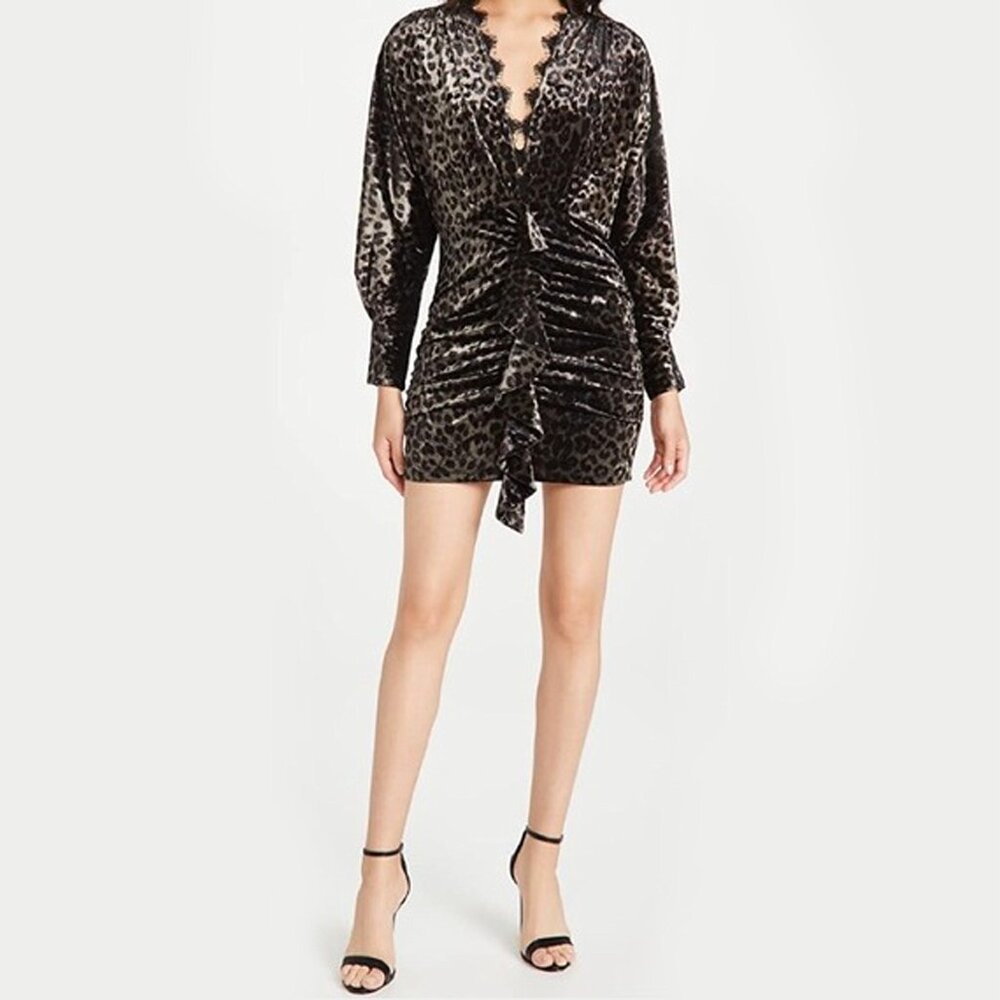 Saylor Francesca Velvet Lace Ruched Leopard Cheetah Mini Dress